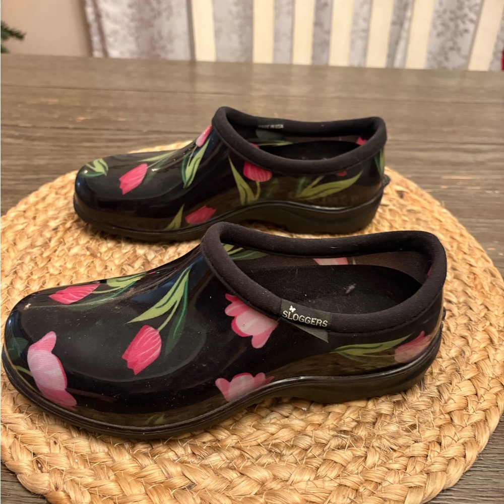 Sloggers Women's Black Mules with Pink Floral Design size 6 - Picture 3 of 8